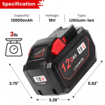 18V 12Ah Li-ion Battery for Milwaukee M18 48-11-1828 48-11-1850 48-11-1860 1852